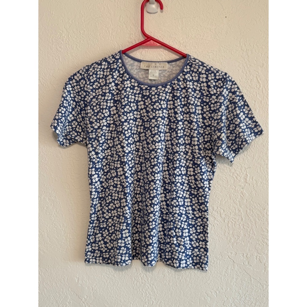 The Limited Blue White Floral Short Sleeve Ribbed Crew Neck Top Medium